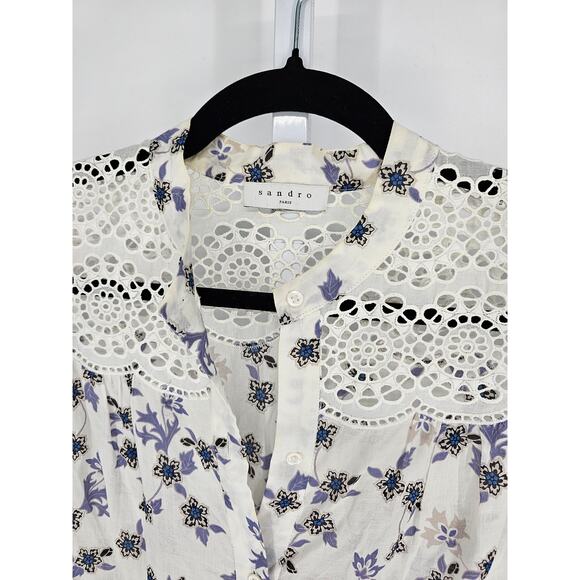 Sandro Paris Womens Sz XL Floral Print Broderie Detail Midi Dress *STAIN* - Picture 3 of 5